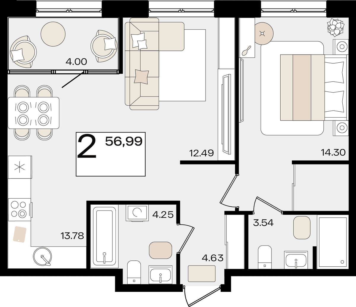 2-к, 56.99 м² · Патрики