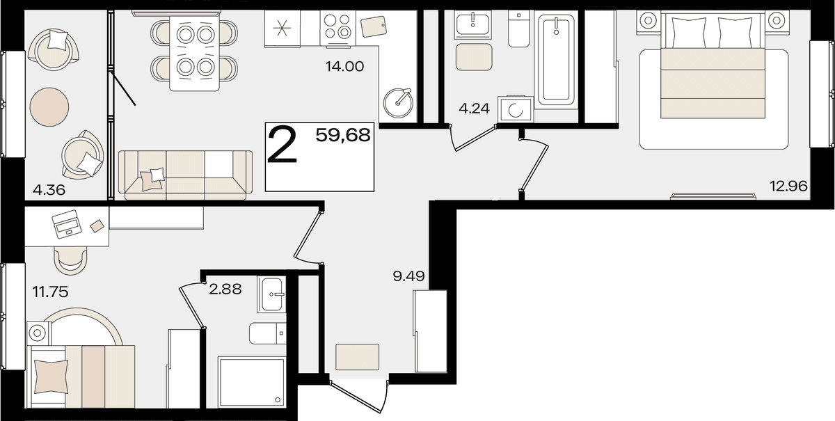 2-к, 59.44 м² · Патрики