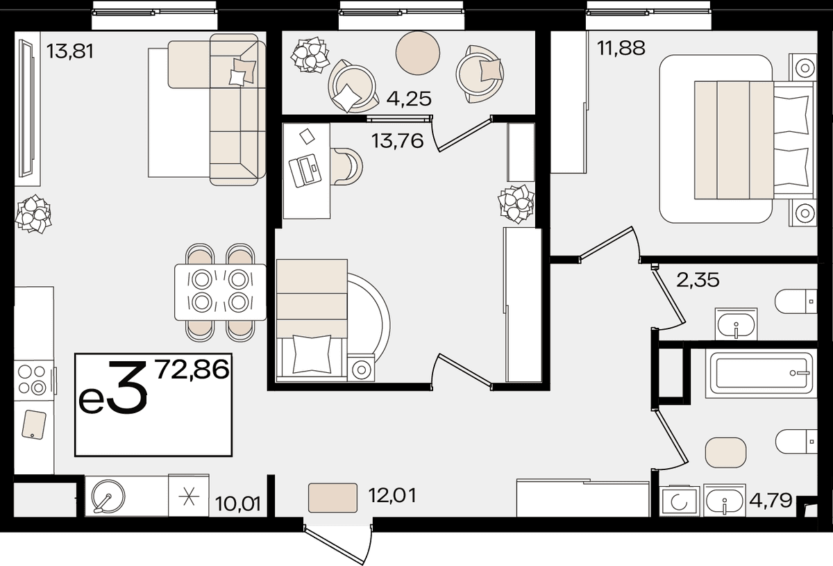 3-к, 72.86 м² · Патрики