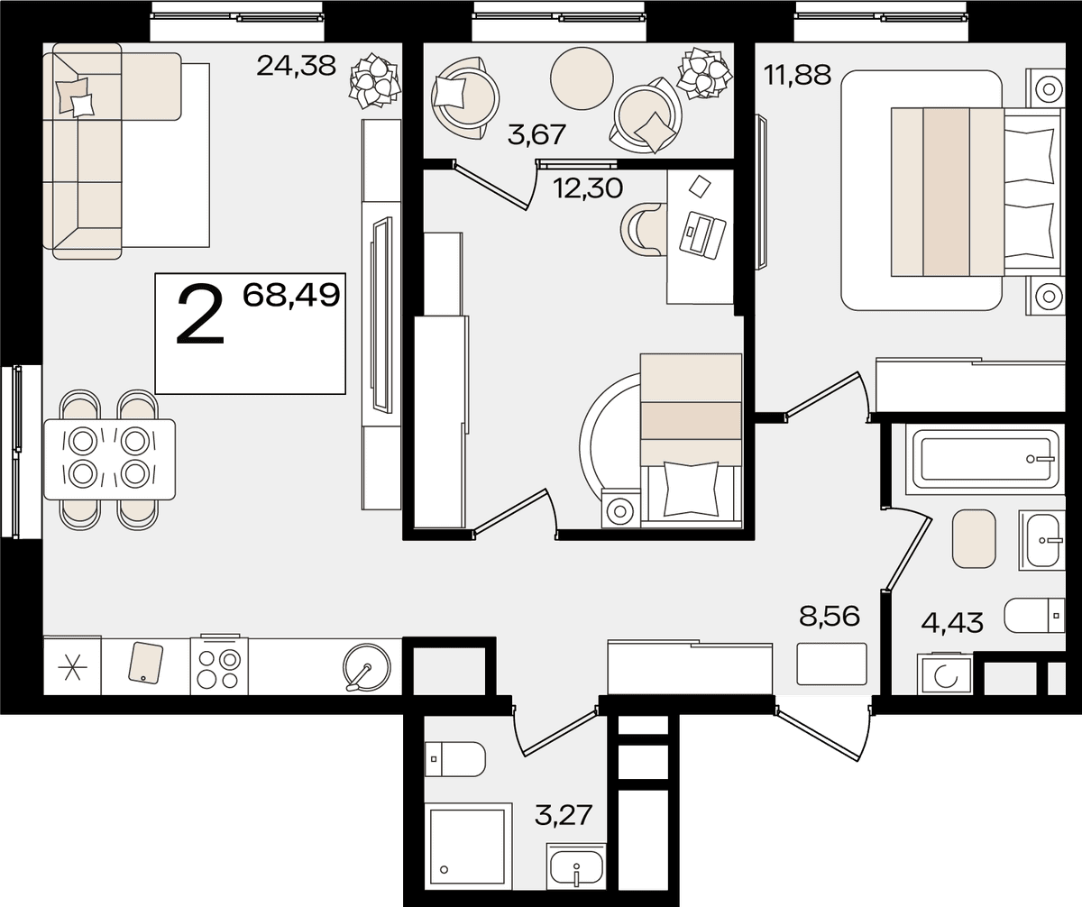 2-к, 68.49 м² · Патрики
