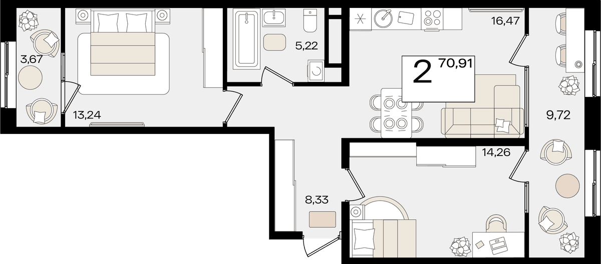 2-к, 70.91 м² · Патрики