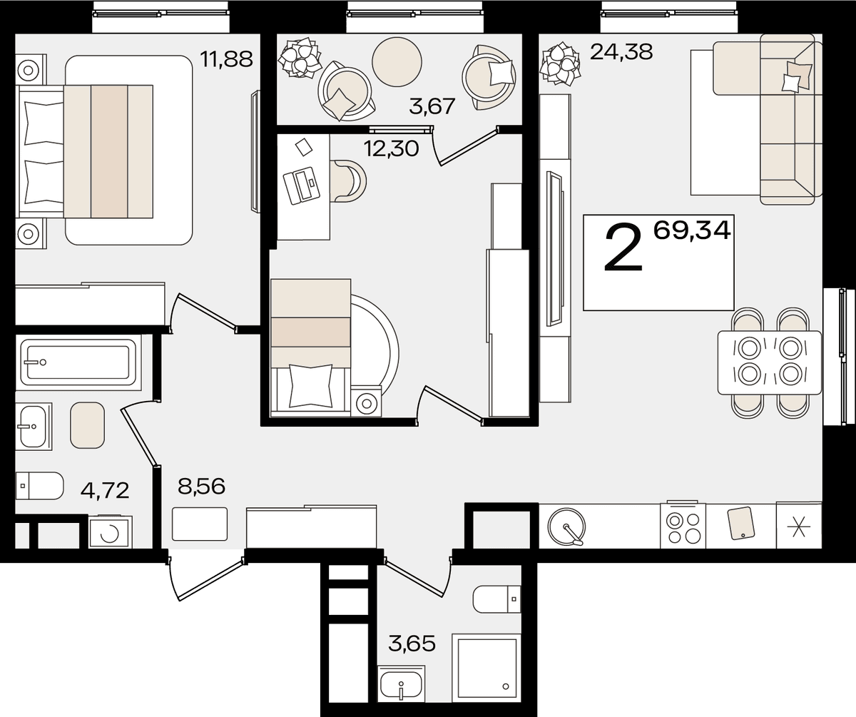 2-к, 69.34 м² · Патрики