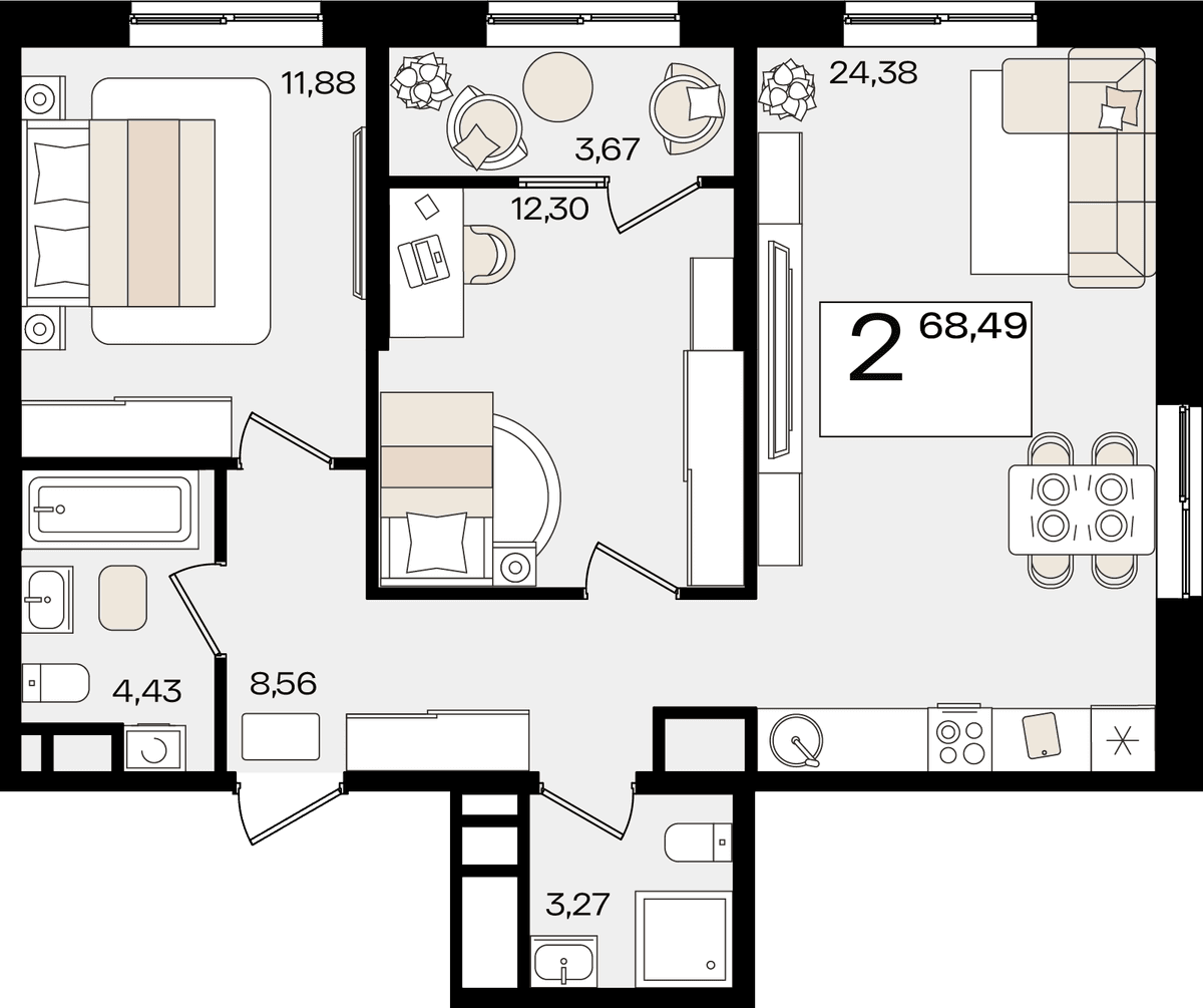 2-к, 68.49 м² · Патрики