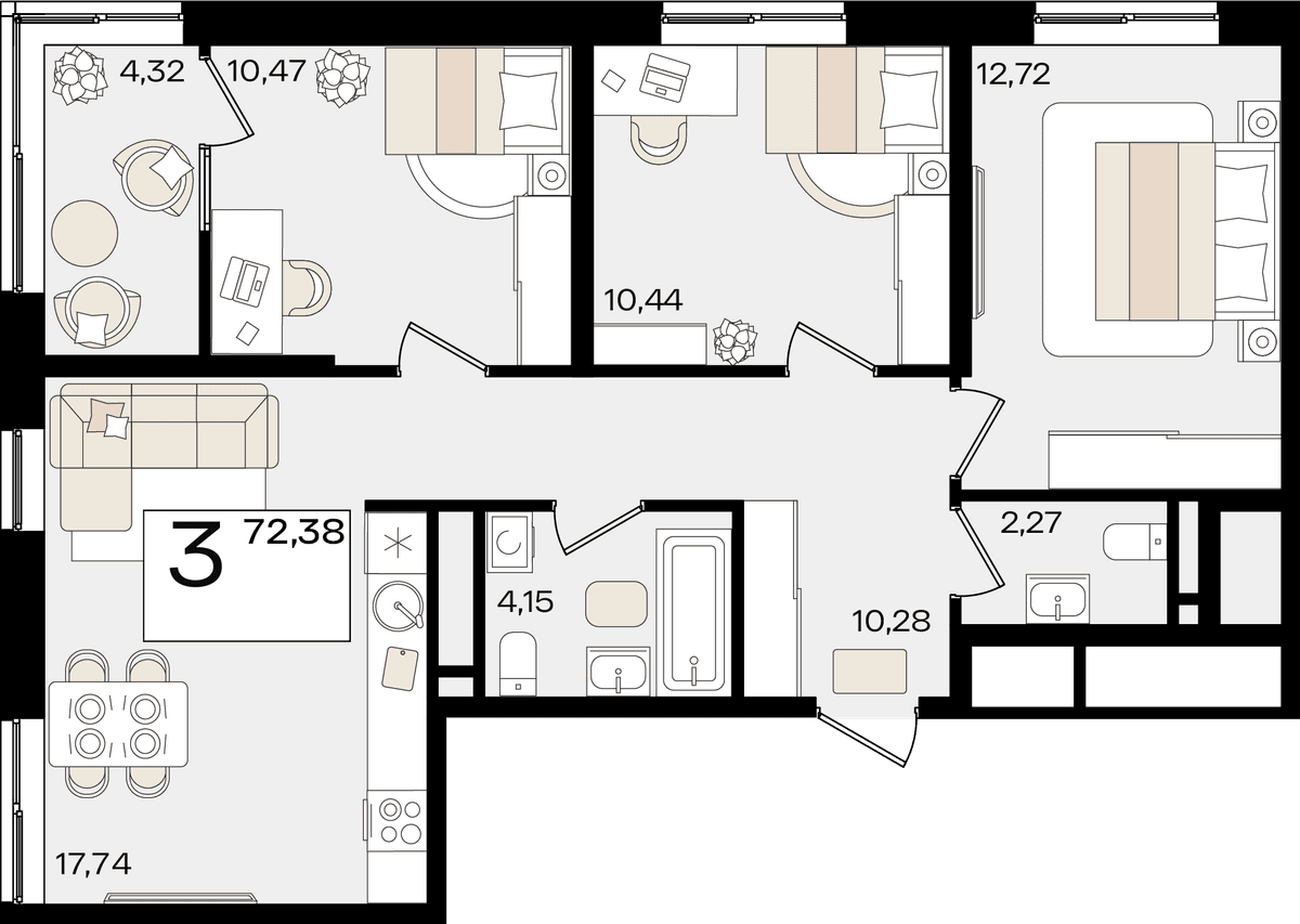 3-к, 72.38 м² · Патрики