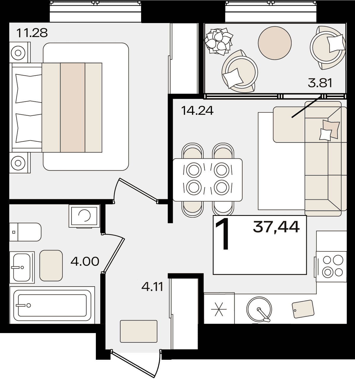 1-к, 37.44 м² · Патрики