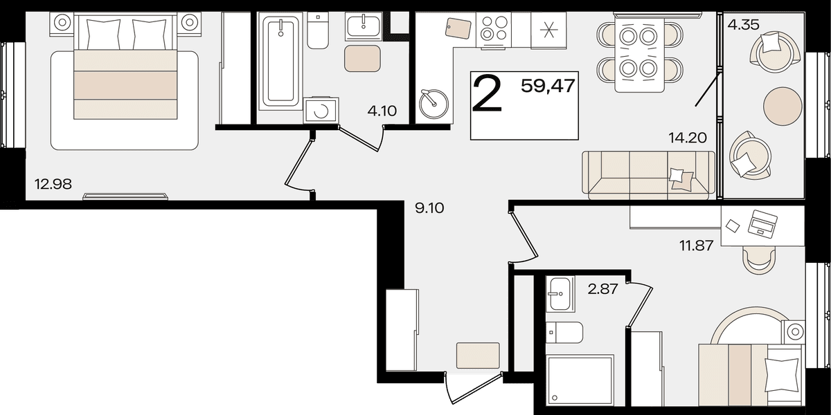 2-к, 59.47 м² · Патрики