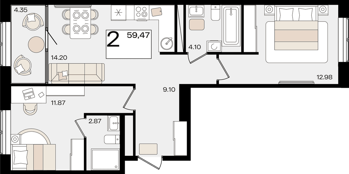 2-к, 59.47 м² · Патрики