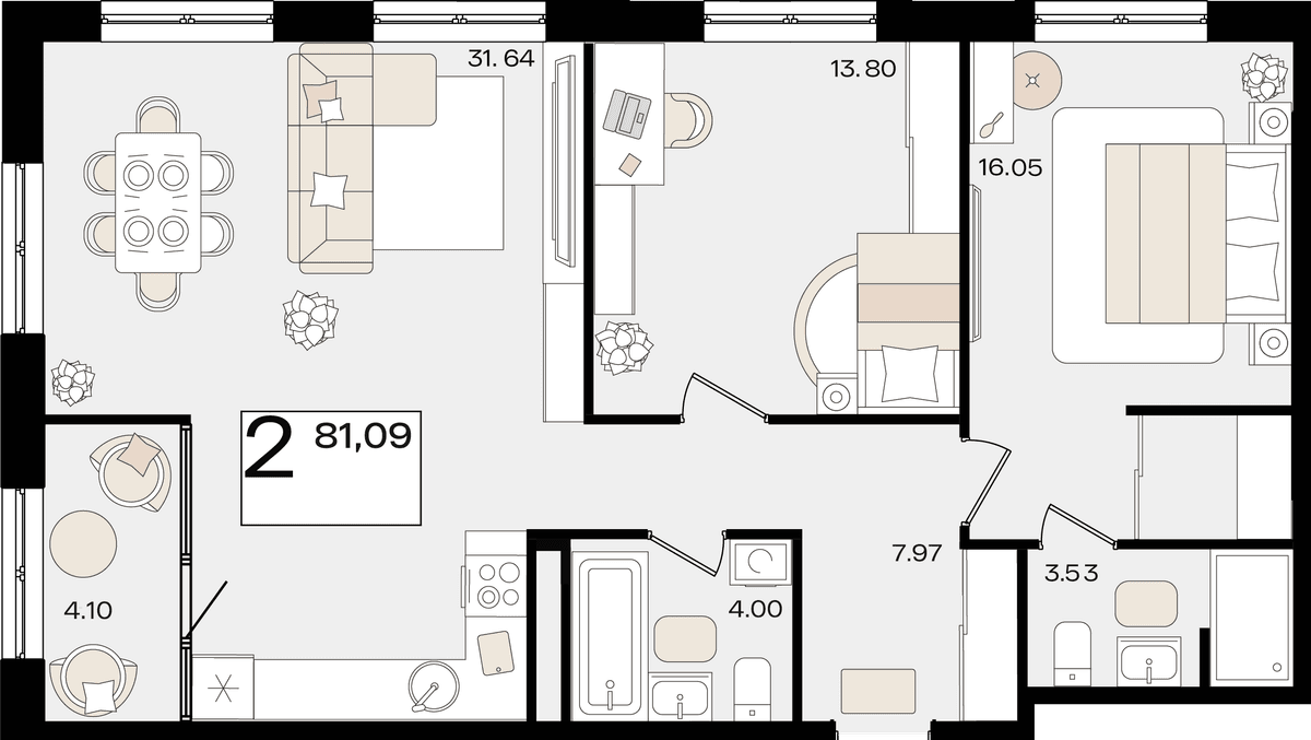 2-к, 81.09 м² · Патрики