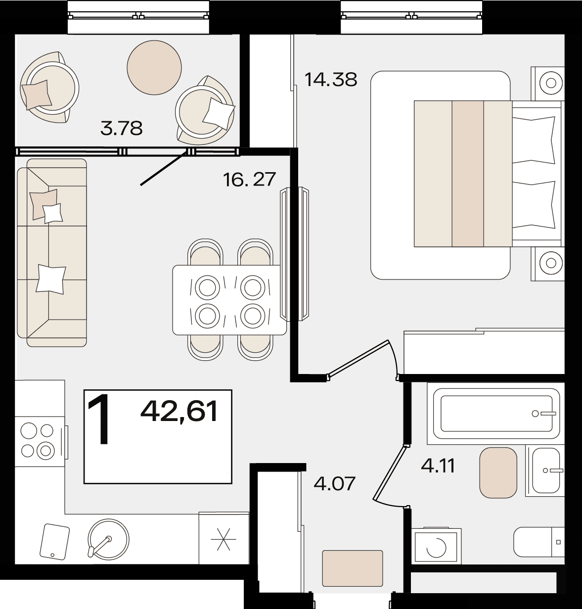 1-к, 42.61 м² · Патрики