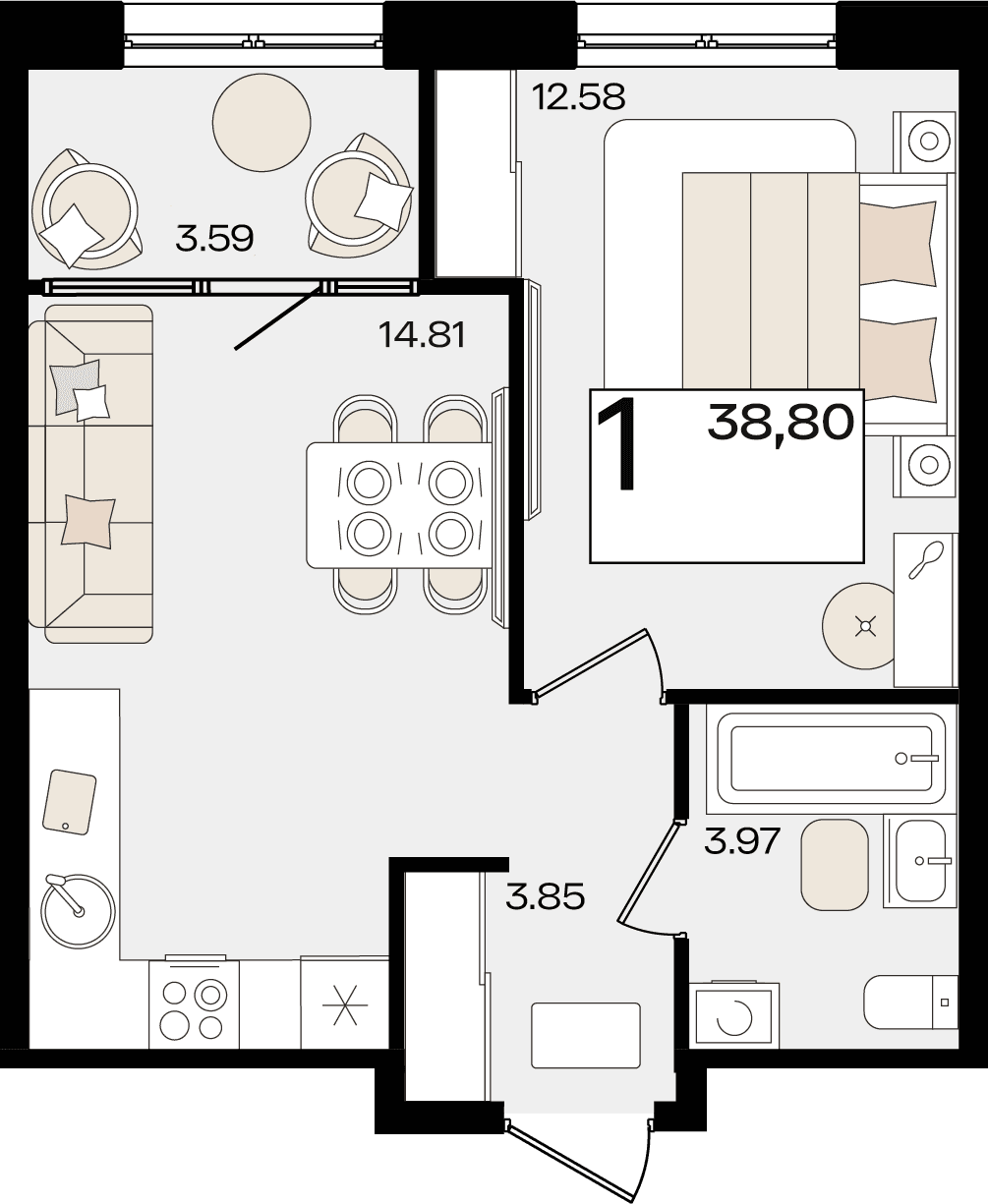 1-к, 38.8 м² · Патрики