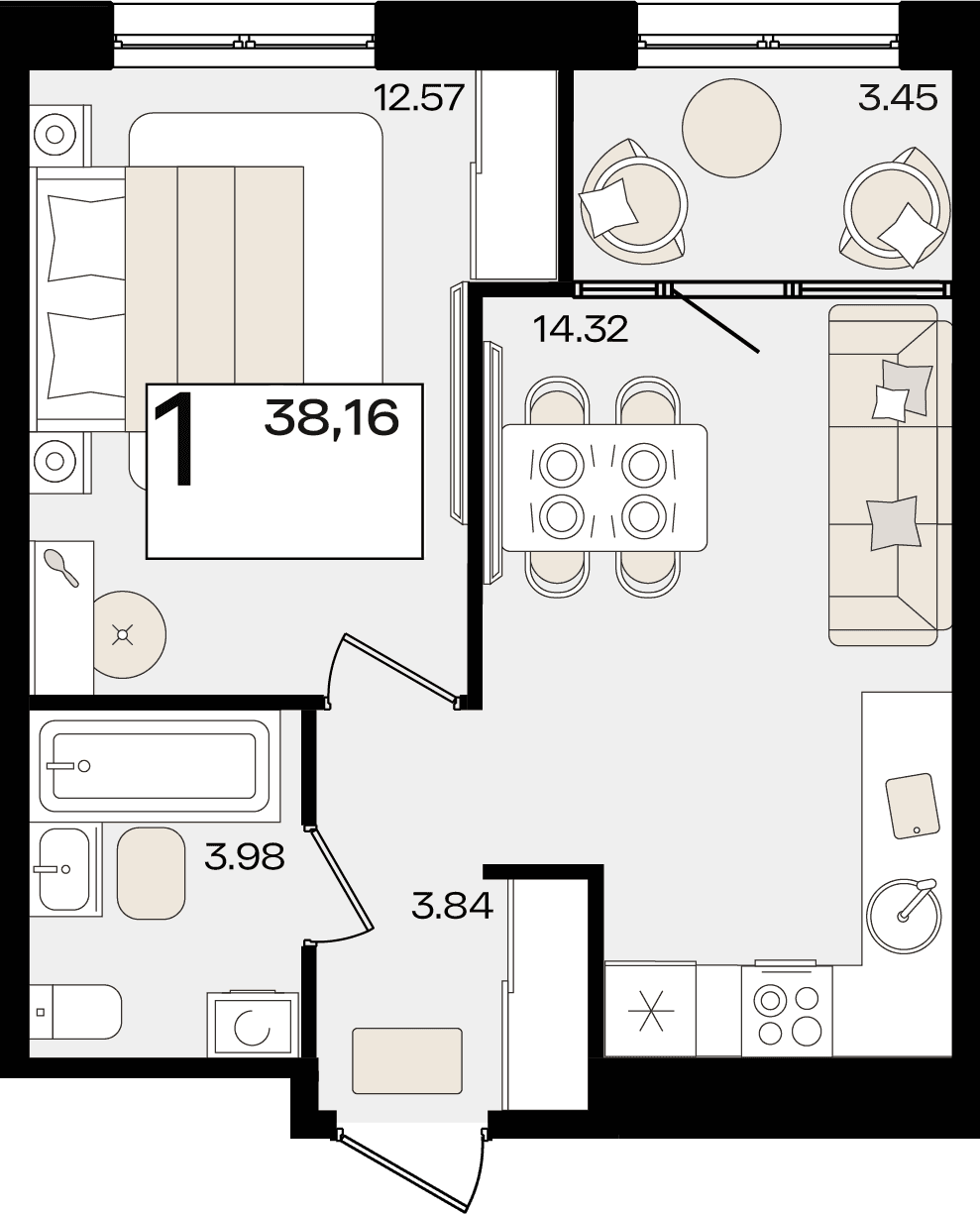 1-к, 38.16 м² · Патрики