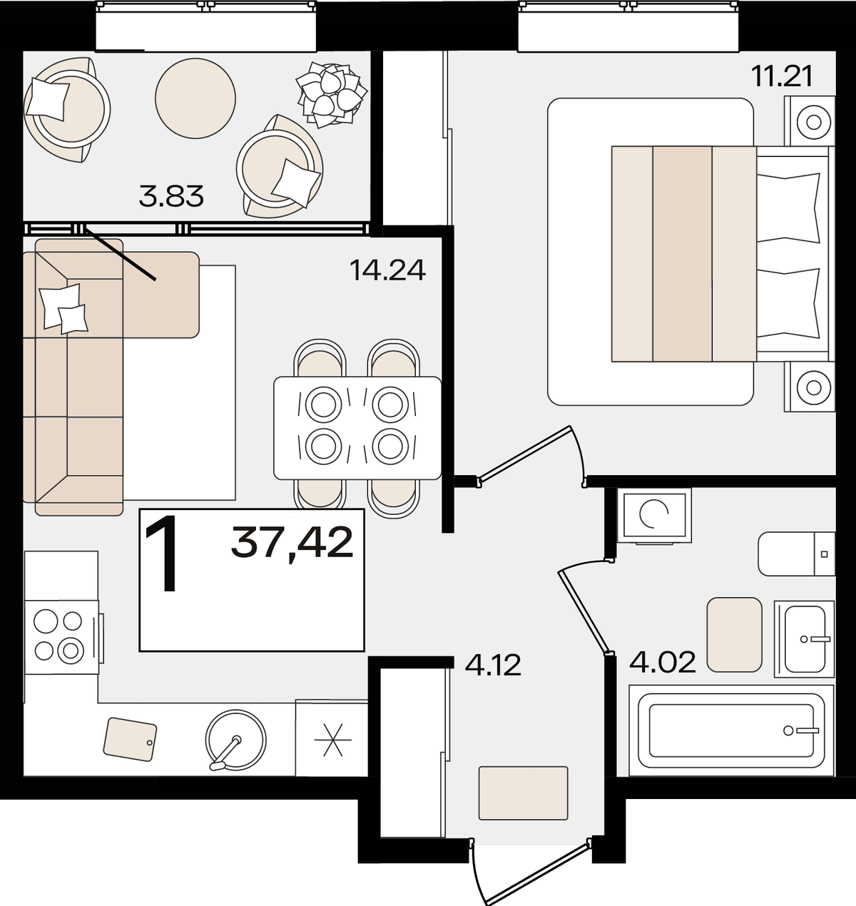 1-к, 37.42 м² · Патрики