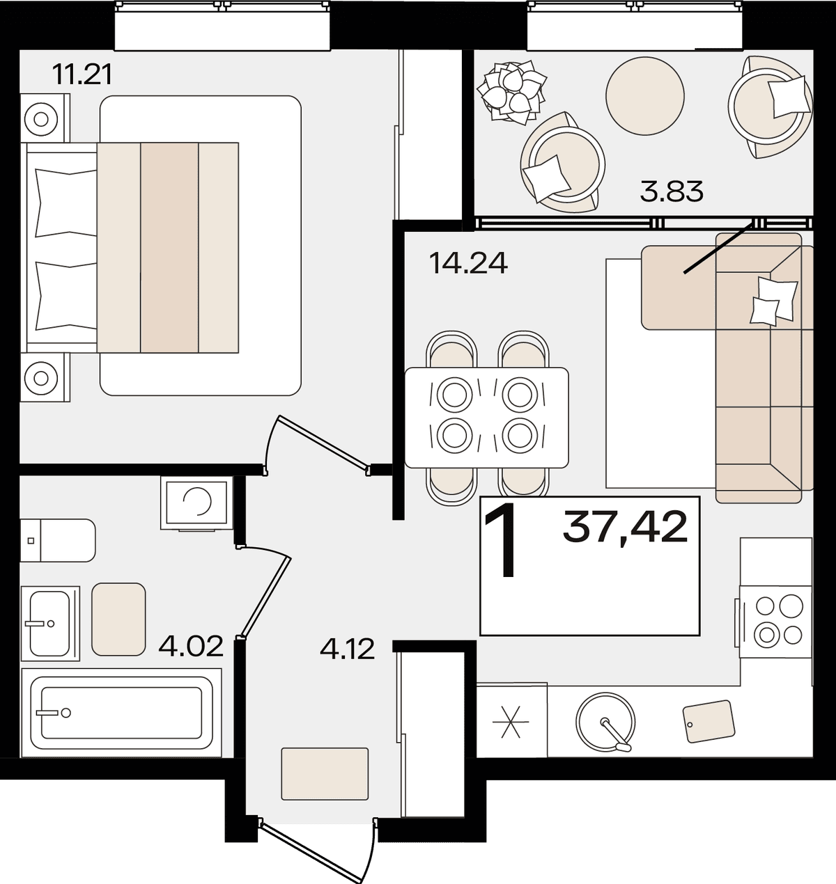 1-к, 37.42 м² · Патрики