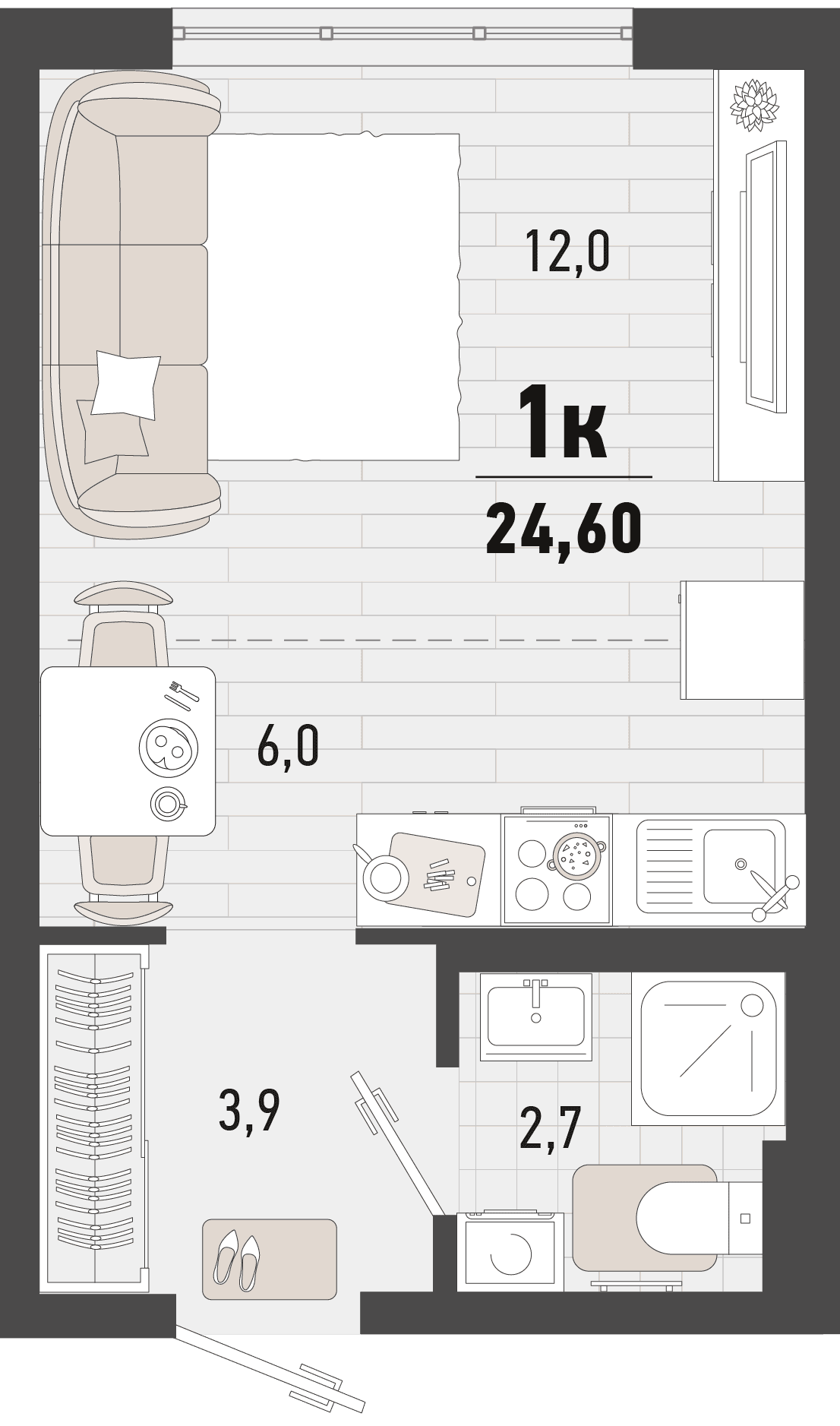 Студия, 24.6 м² · Барса