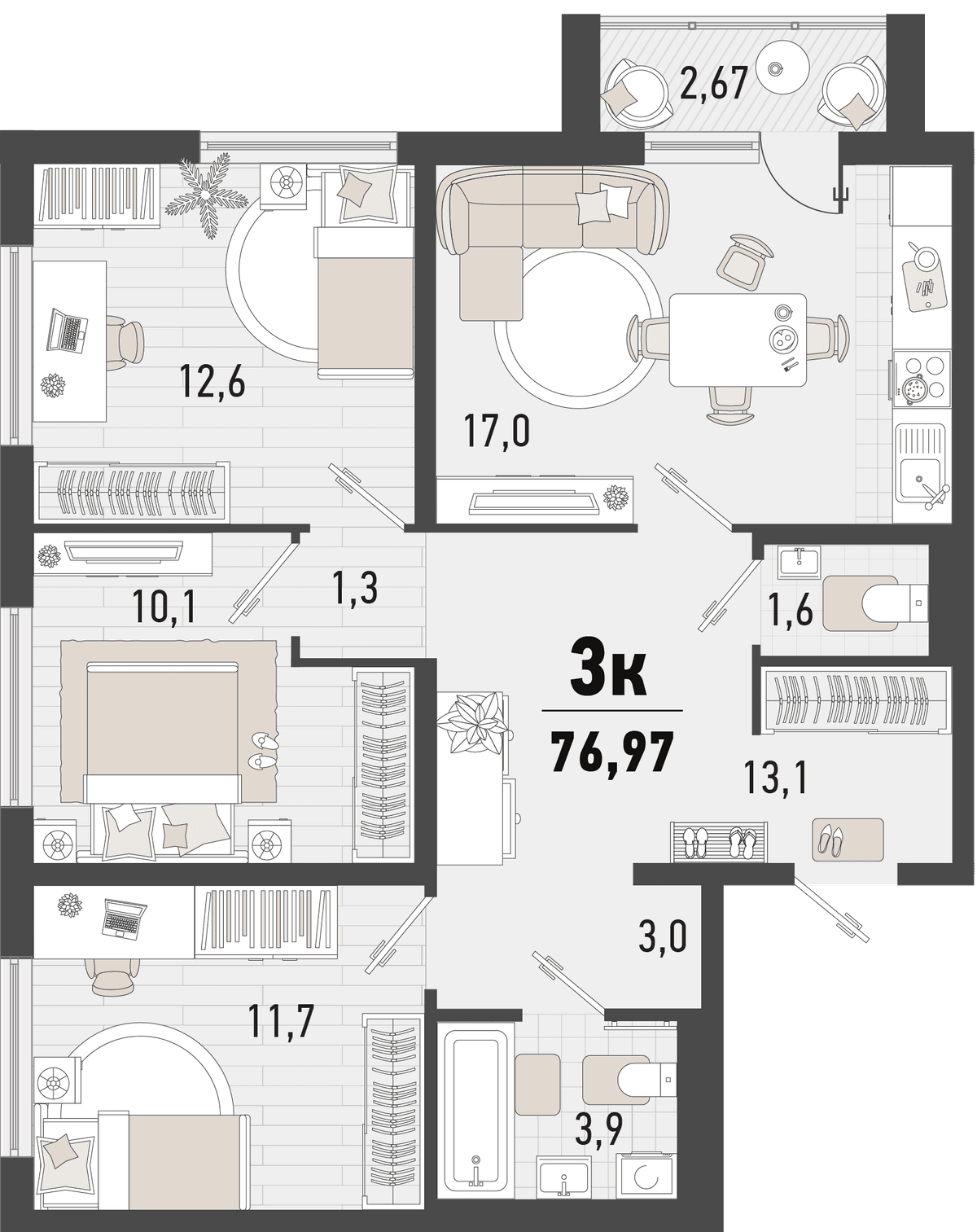 3-к, 76.97 м² · Барса