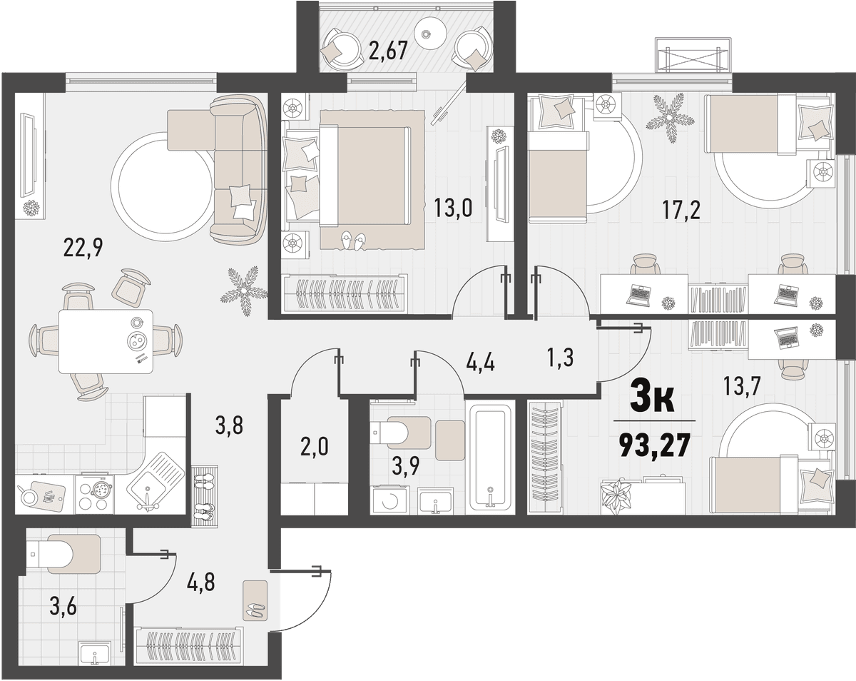 3-к, 93.27 м² · Барса