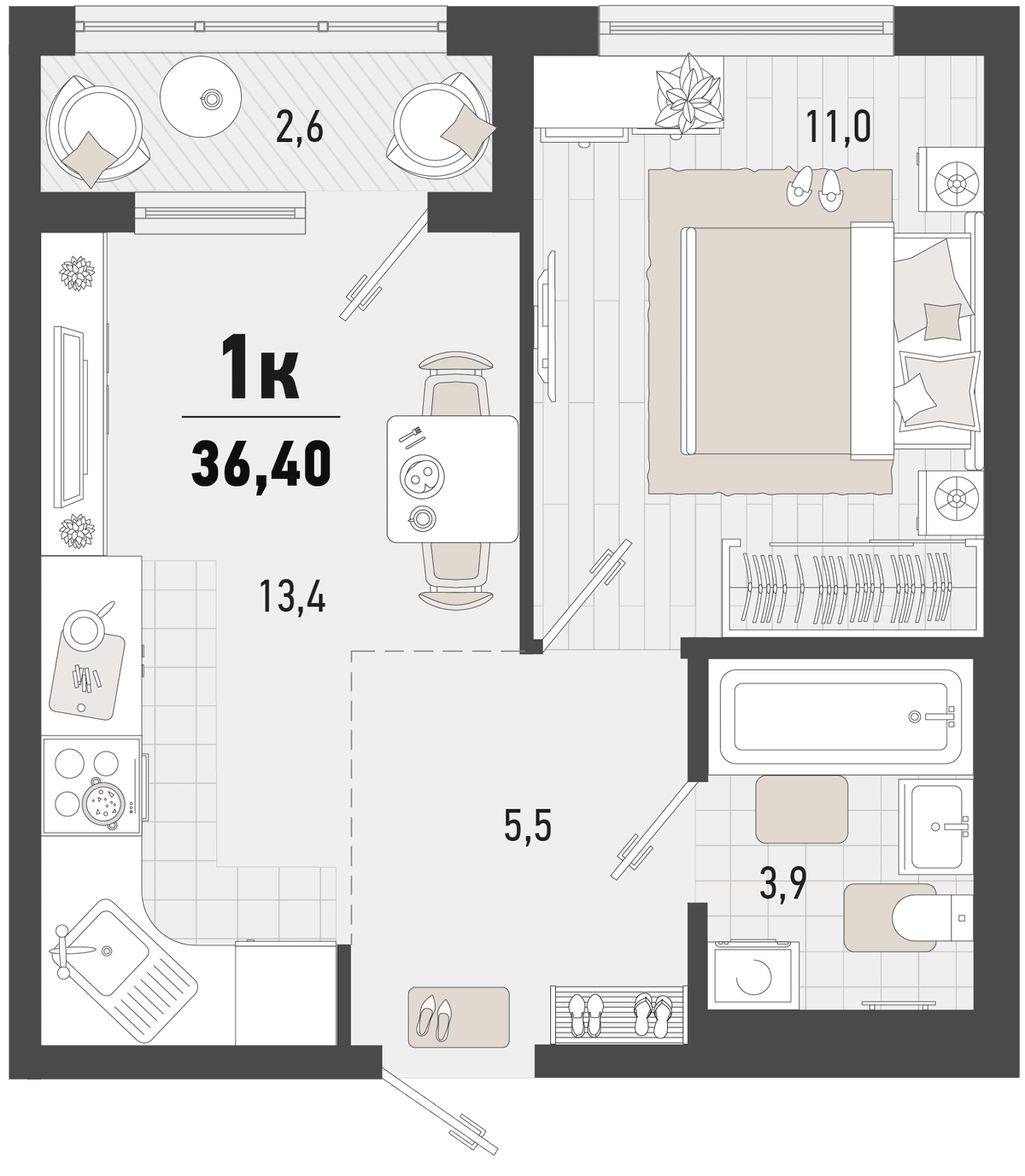 1-к, 36.4 м² · Барса