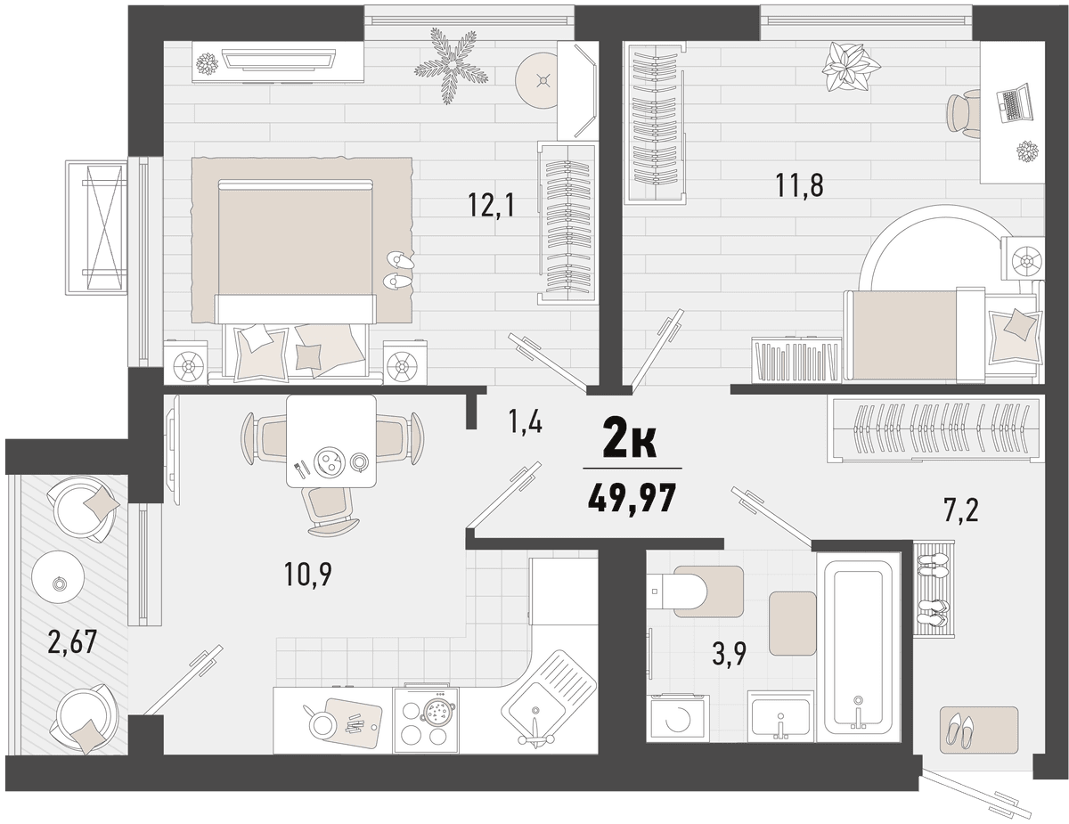 2-к, 49.97 м² · Барса
