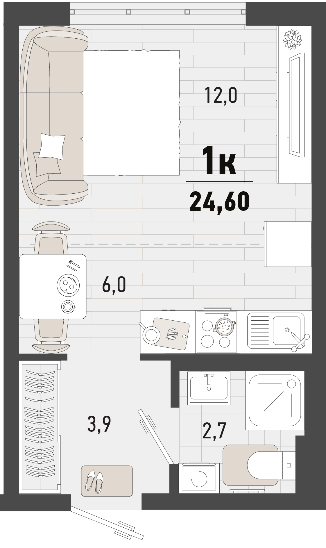 Студия, 24.6 м² · Барса