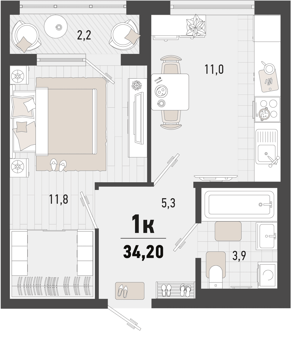 1-к, 34.2 м² · Барса
