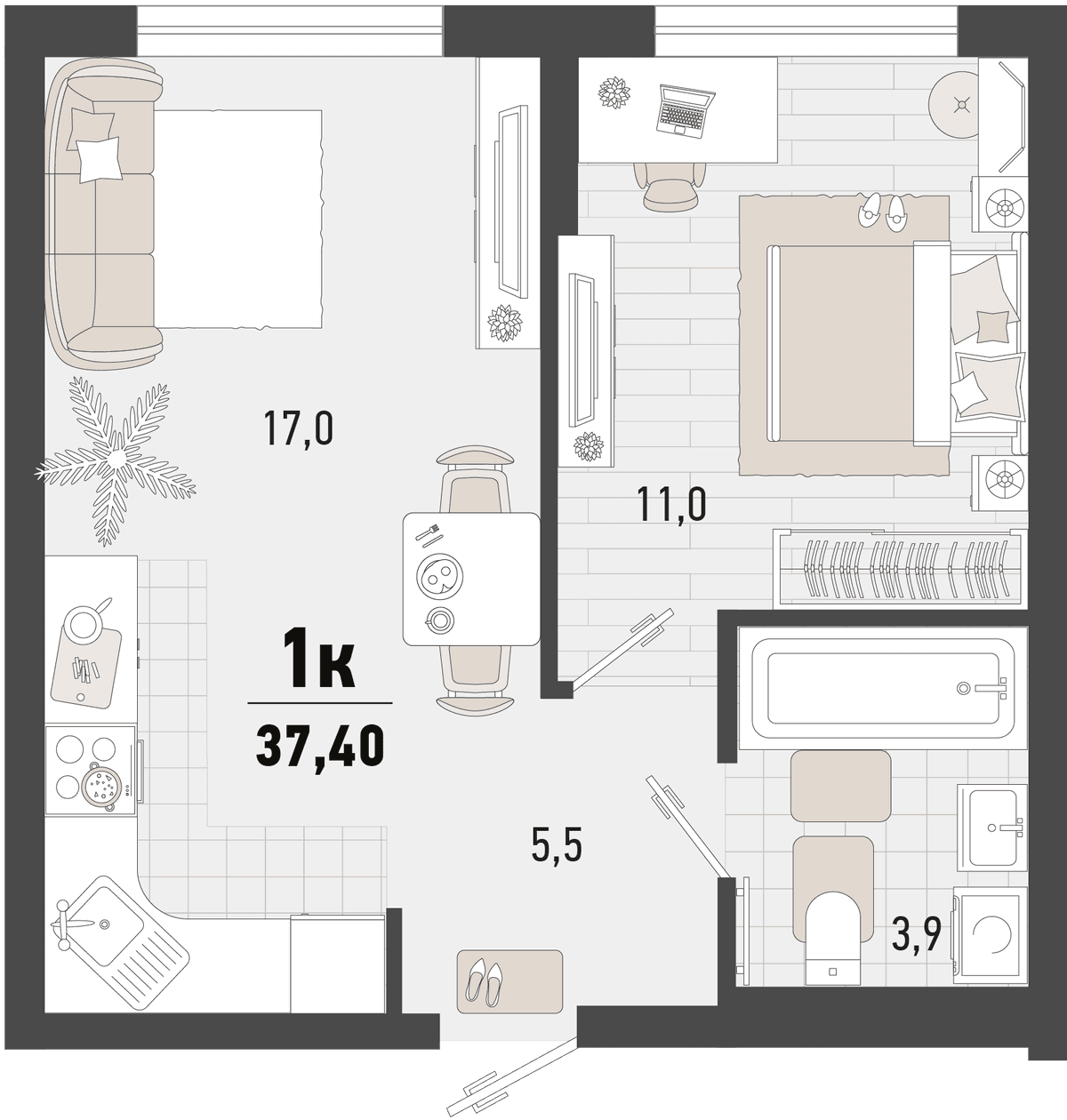 1-к, 37.4 м² · Барса
