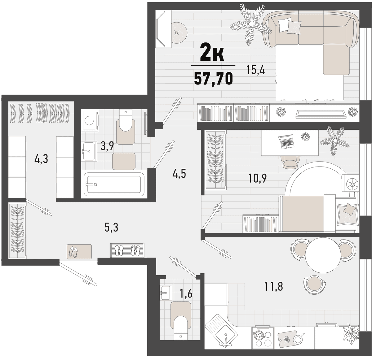 2-к, 57.7 м² · Барса