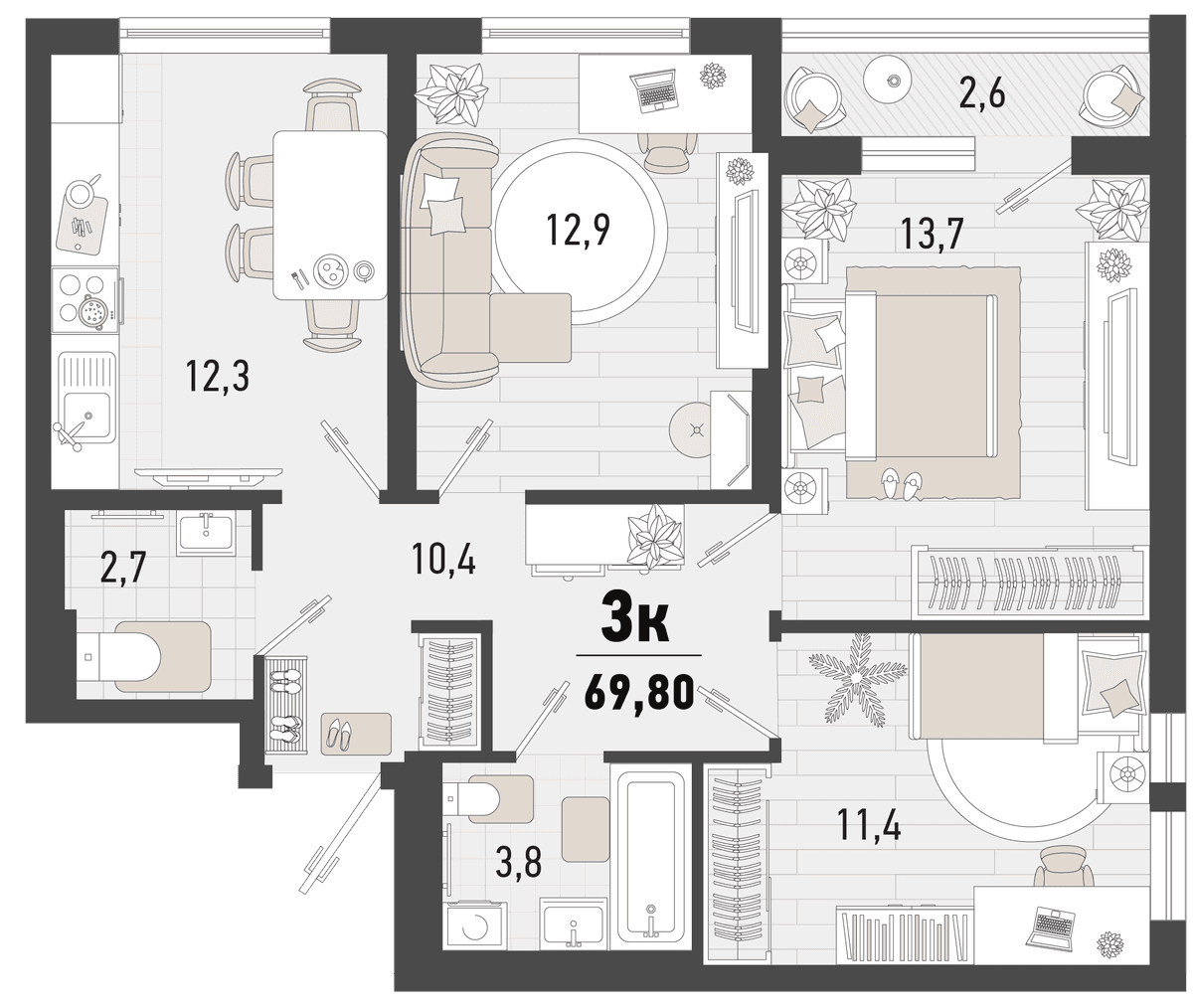 3-к, 69.8 м² · Барса