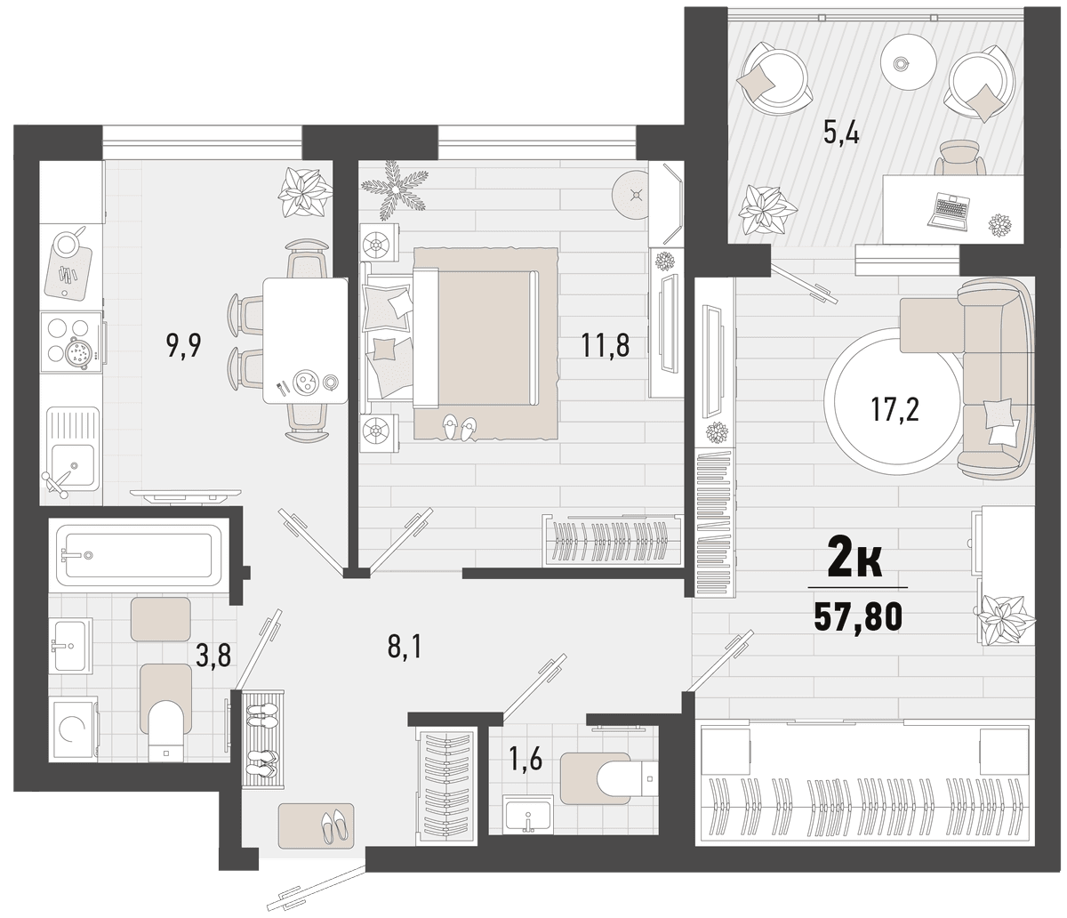 2-к, 57.8 м² · Барса