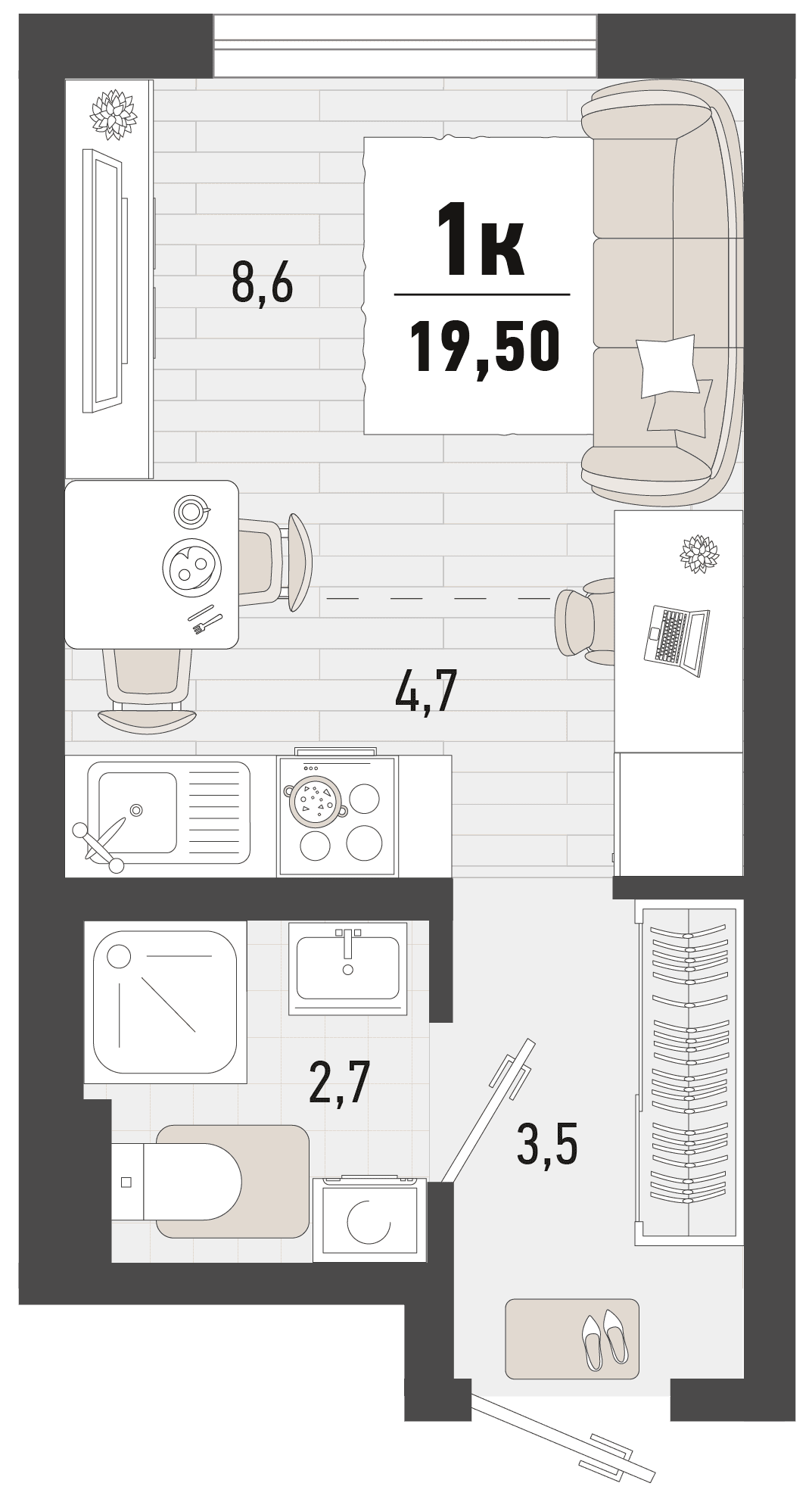 Студия, 19.5 м² · Барса