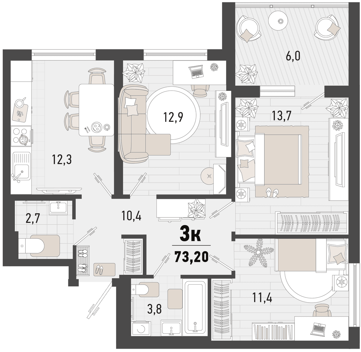 3-к, 73.2 м² · Барса