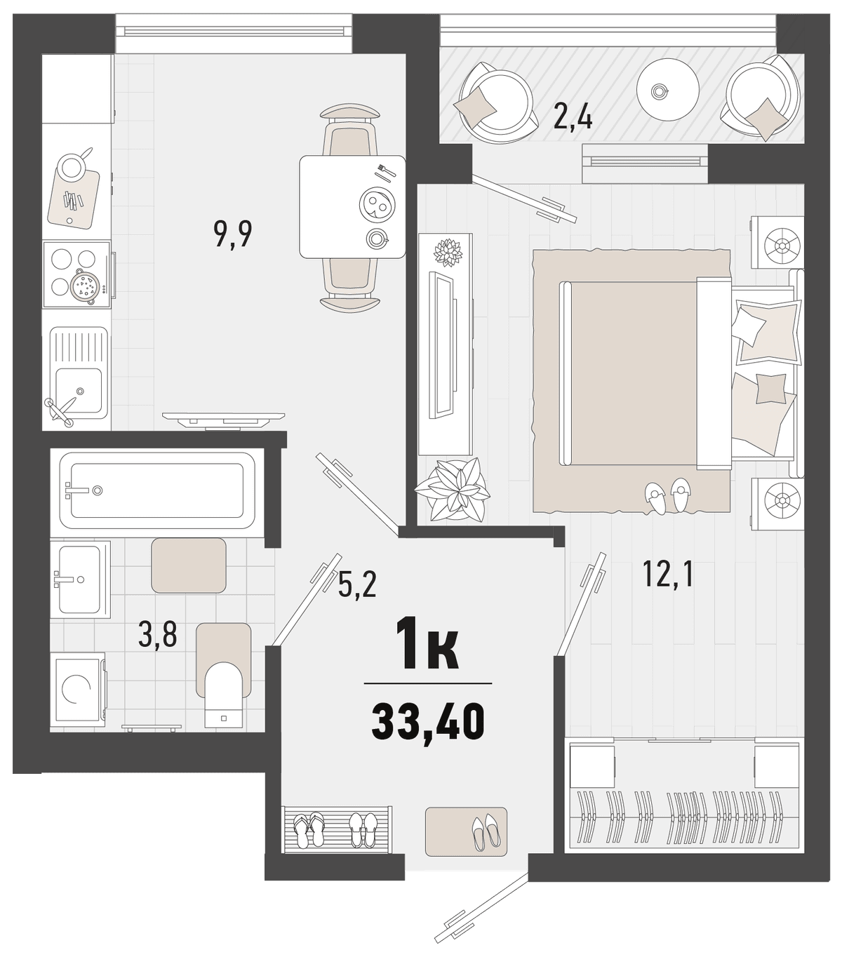 1-к, 33.4 м² · Барса