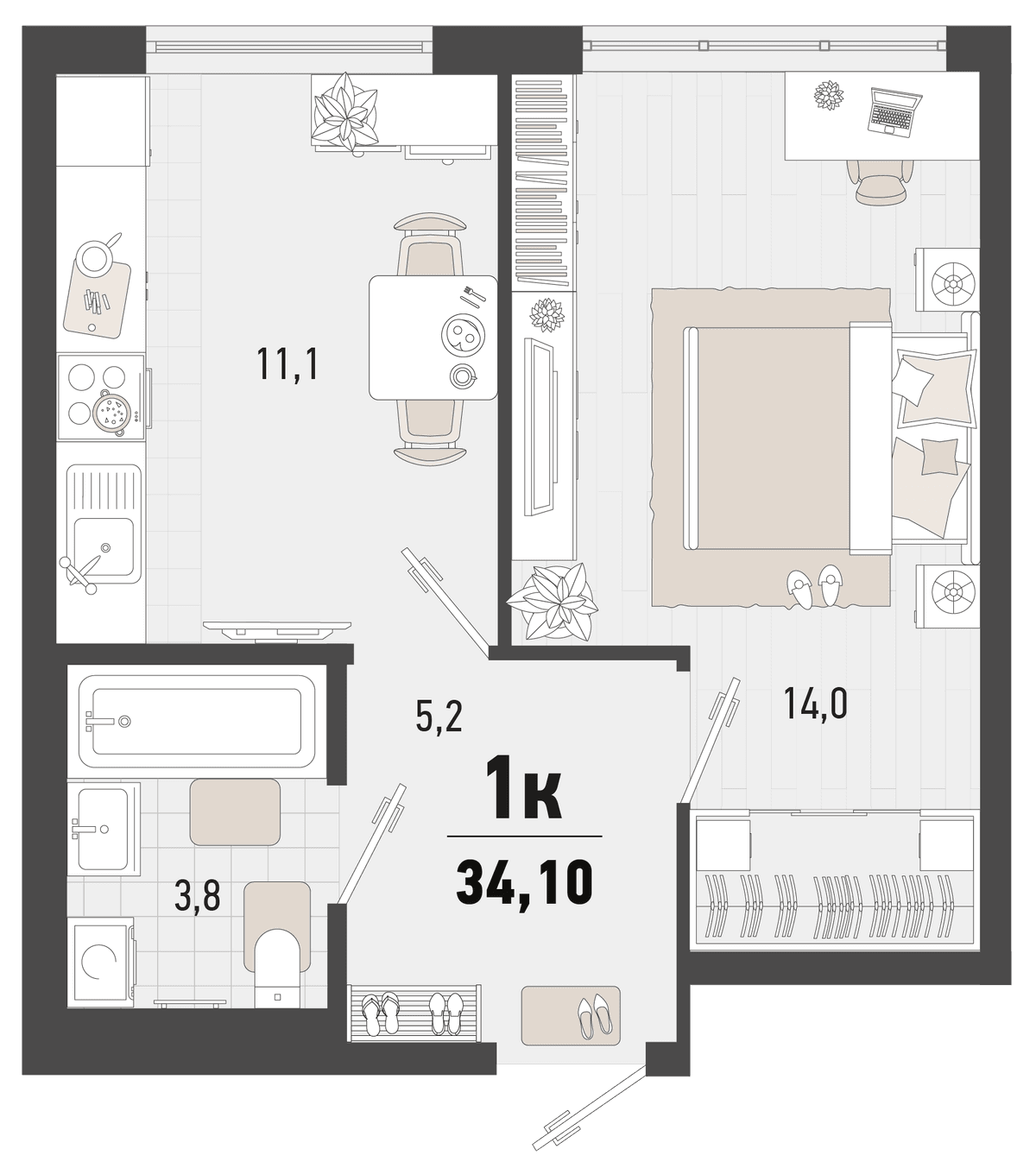 1-к, 34.1 м² · Барса