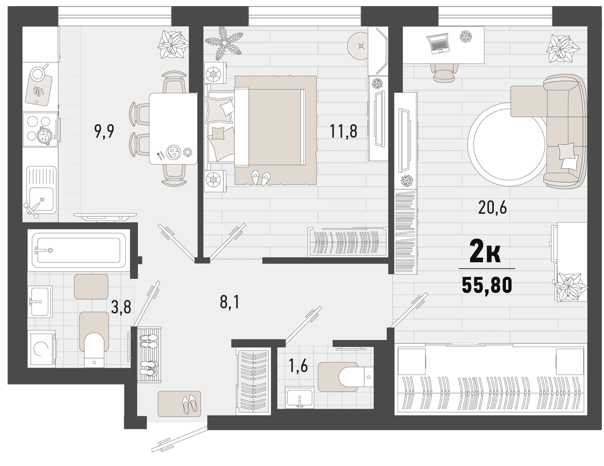 2-к, 55.8 м² · Барса