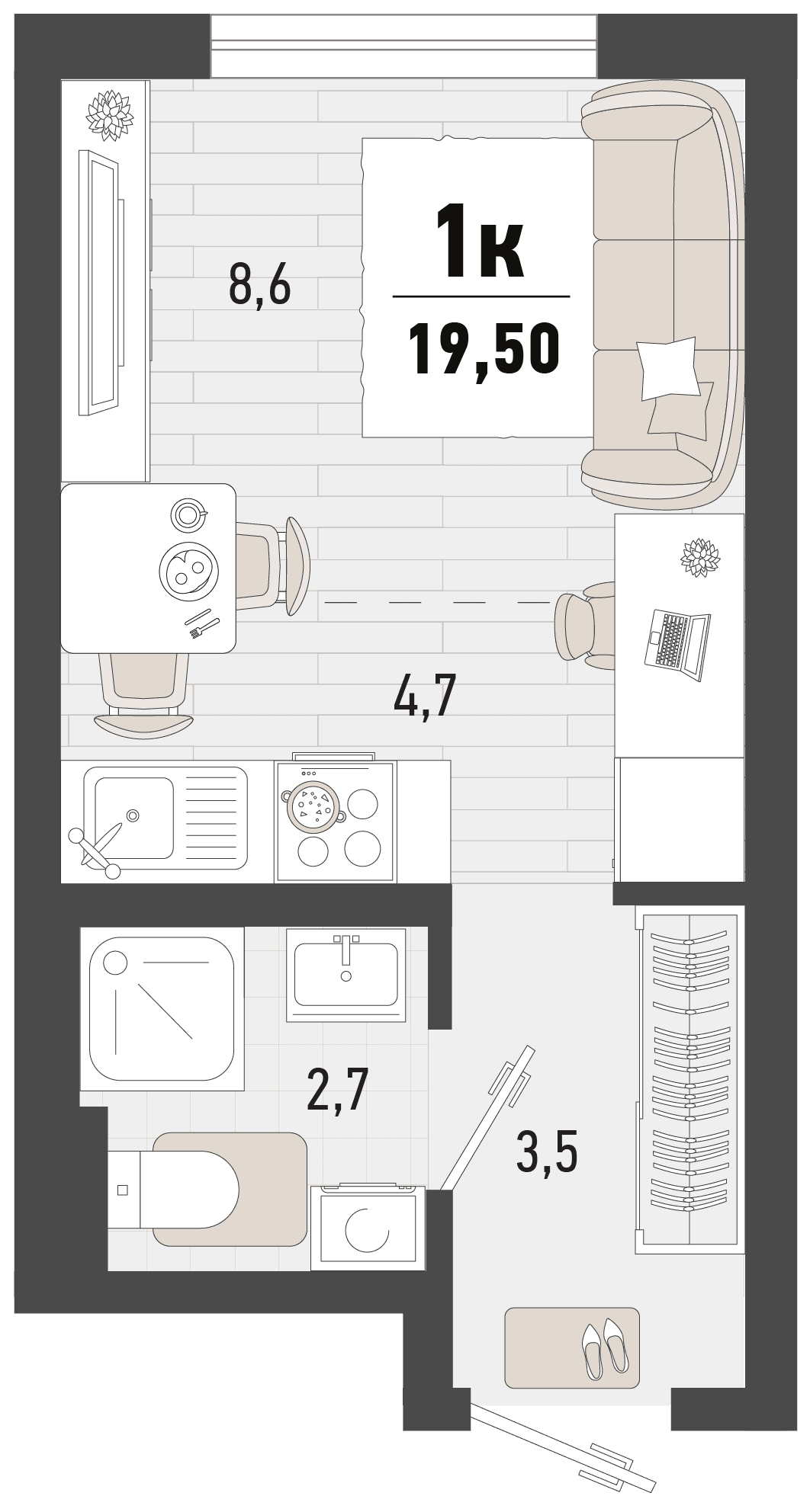 Студия, 19.5 м² · Барса