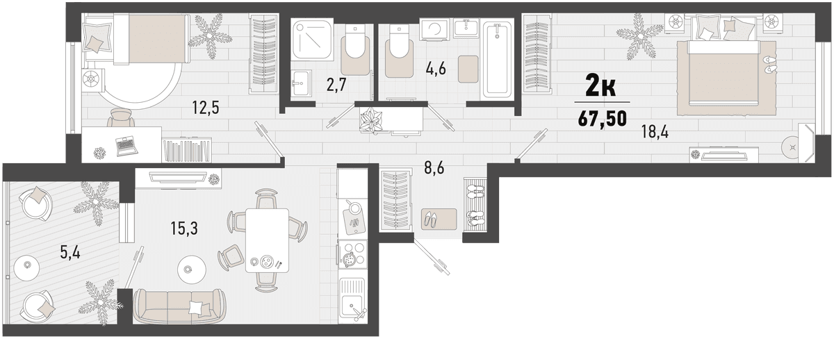 2-к, 67.5 м² · Барса