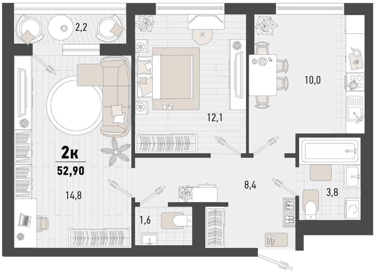 2-к, 52.9 м² · Барса