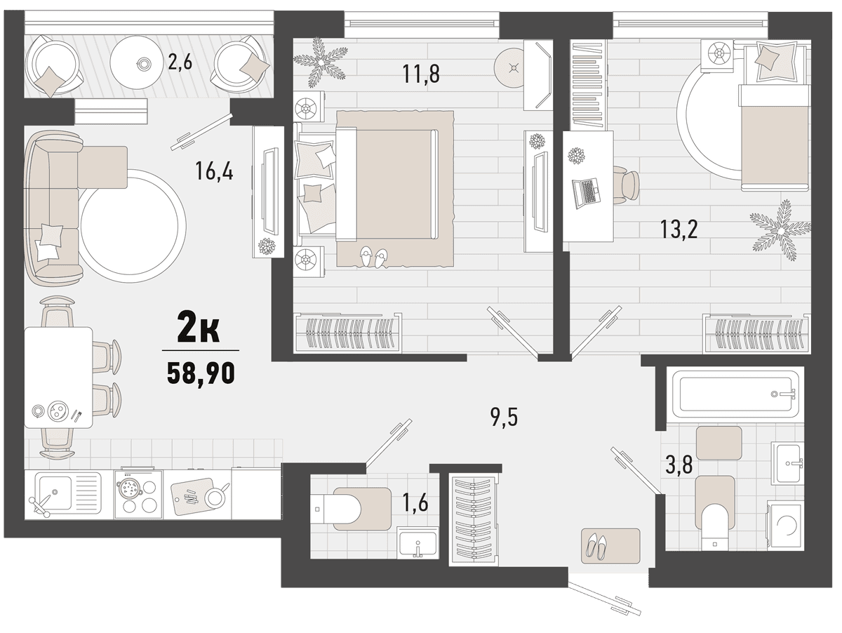 2-к, 58.9 м² · Барса