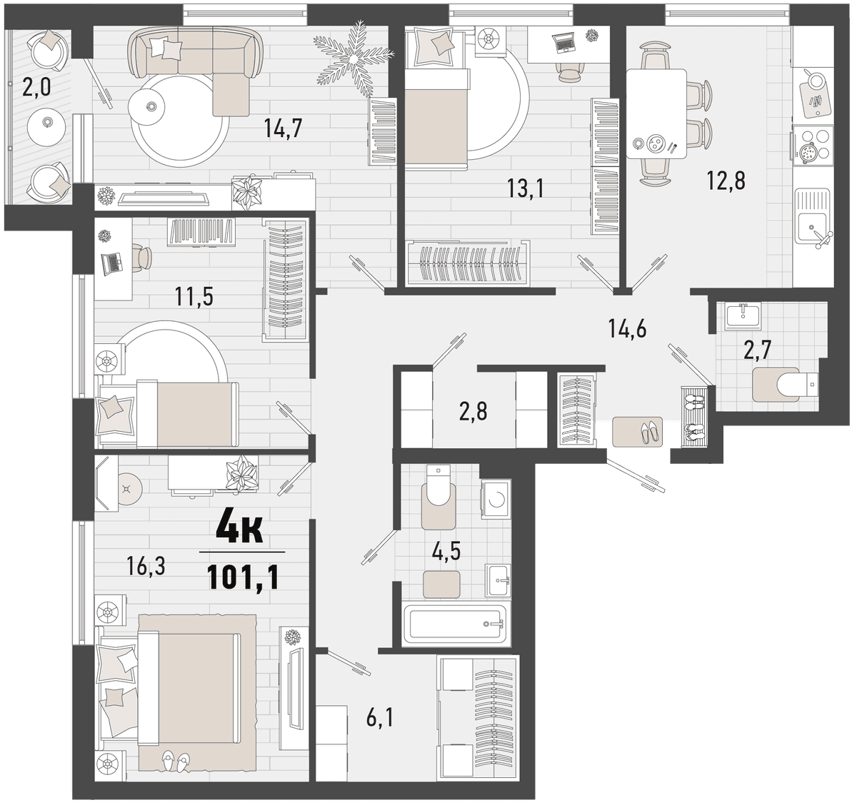 4-к, 101.1 м² · Барса