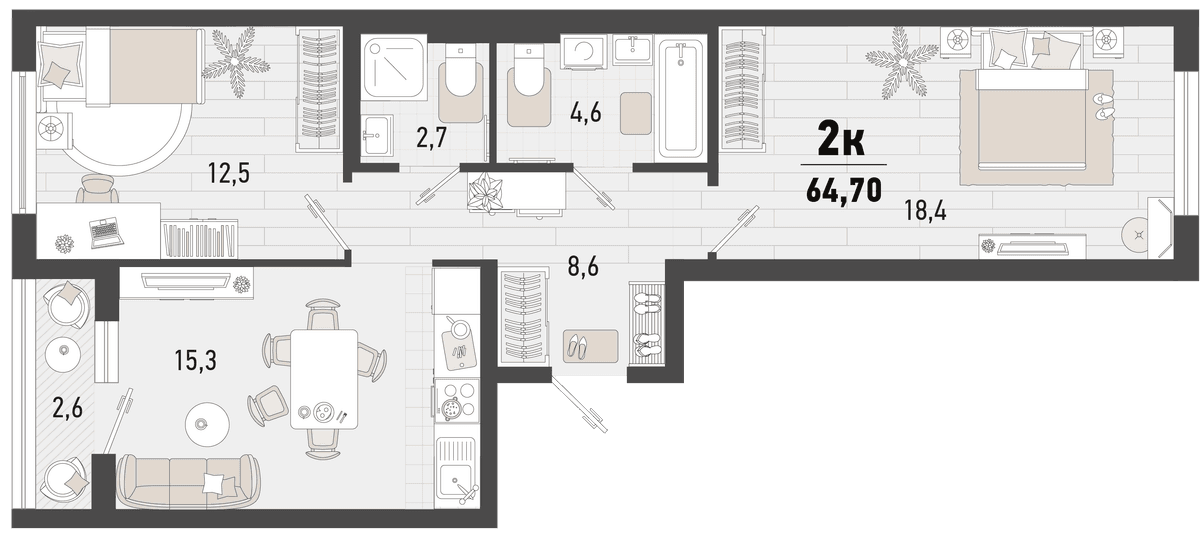 2-к, 64.7 м² · Барса