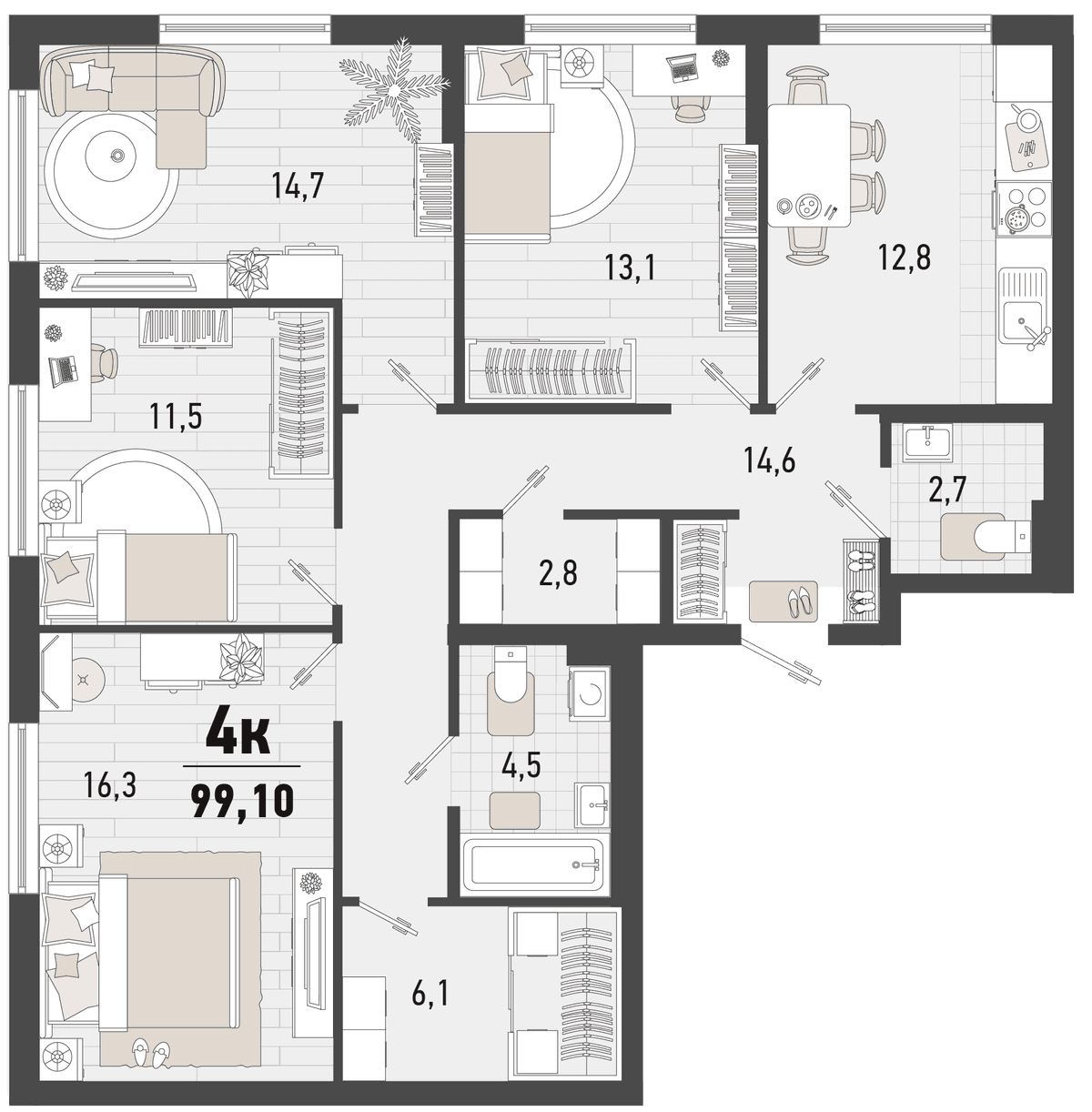 4-к, 99.1 м² · Барса