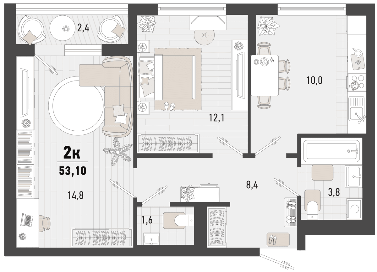 2-к, 53.1 м² · Барса
