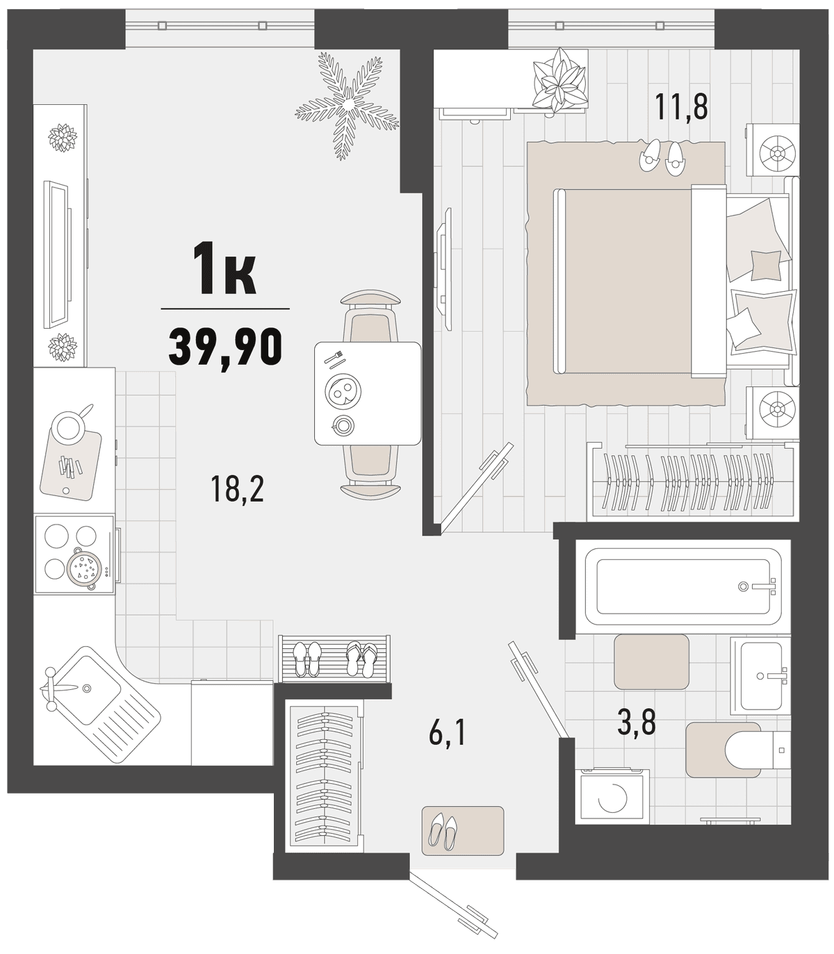 1-к, 39.9 м² · Барса