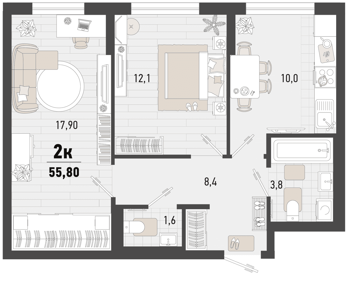 2-к, 53.8 м² · Барса