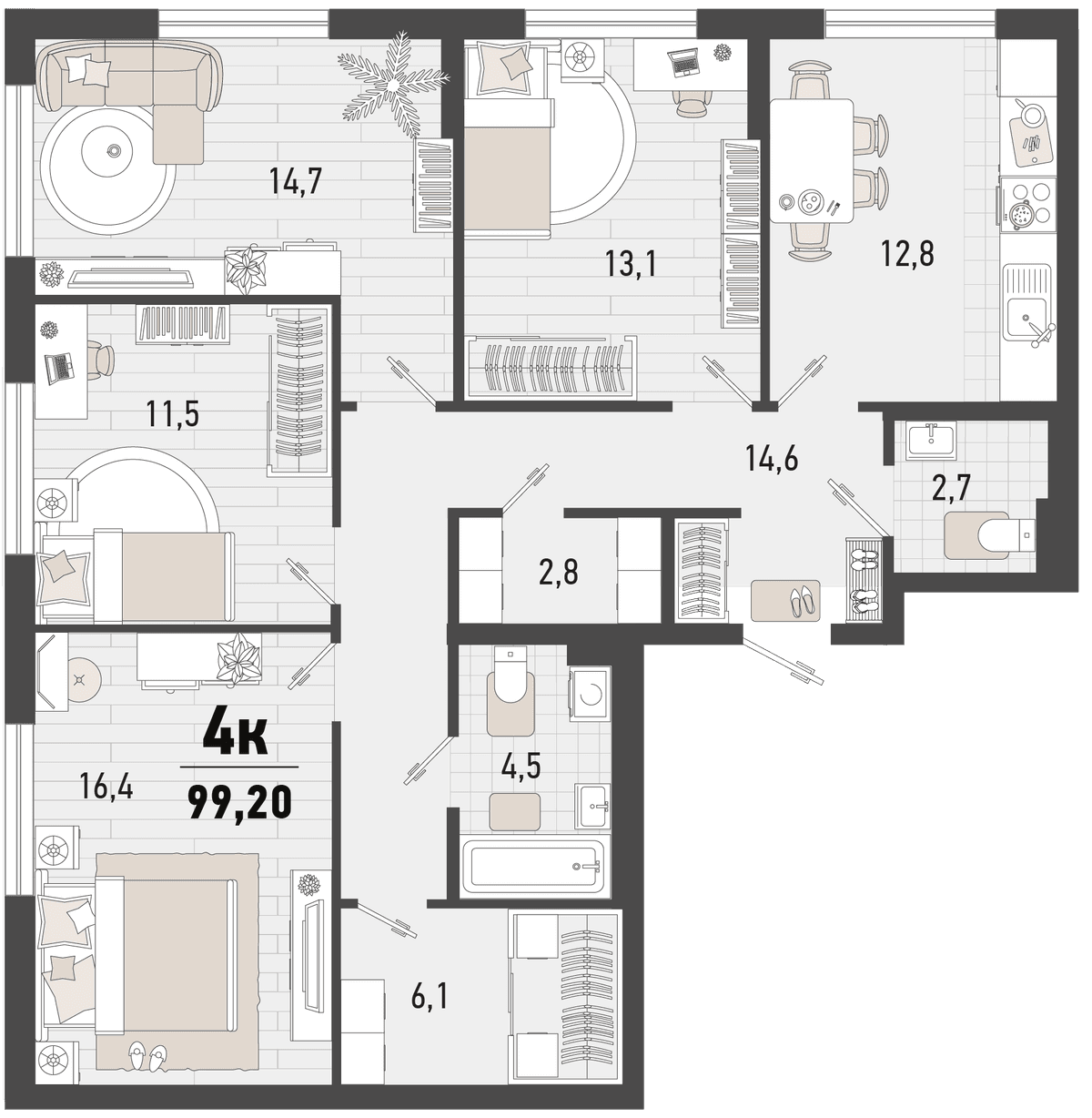4-к, 99.2 м² · Барса