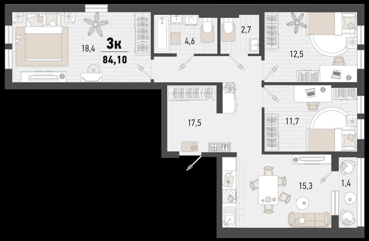 3-к, 85.3 м² · Барса