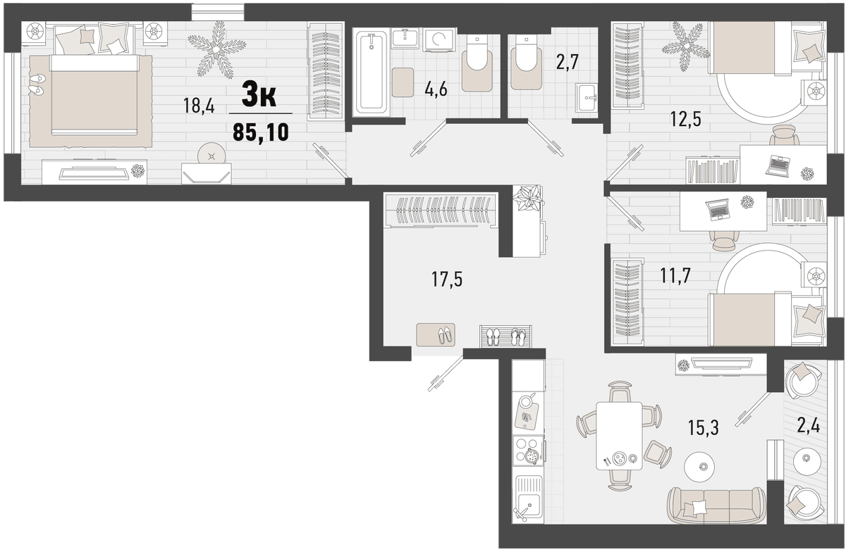 3-к, 85.1 м² · Барса