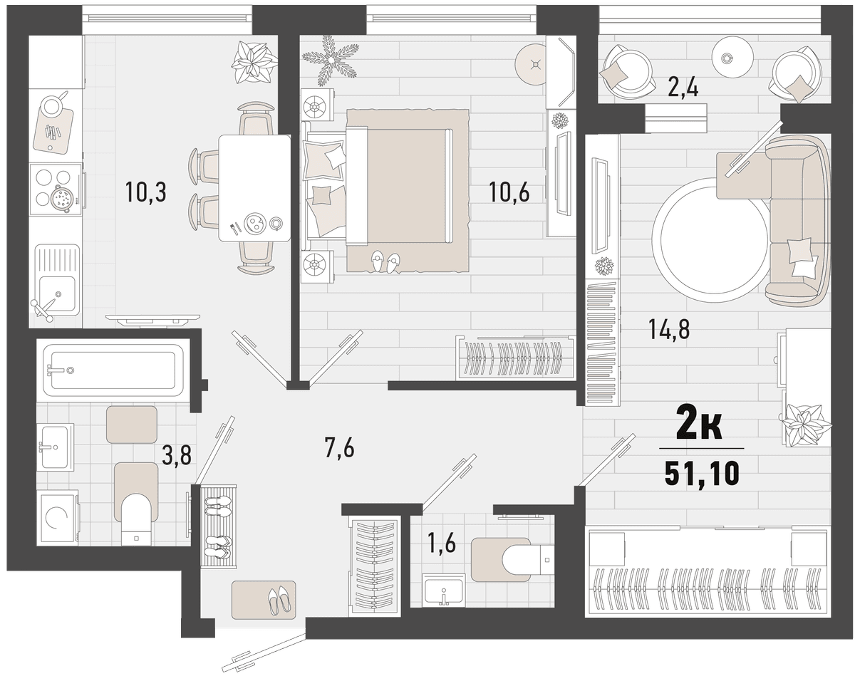 2-к, 51.1 м² · Барса