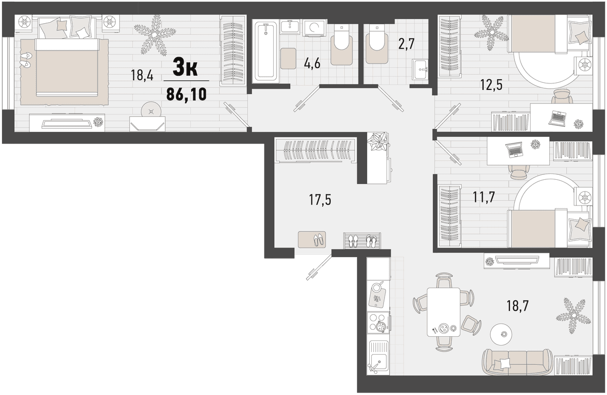 3-к, 86.1 м² · Барса