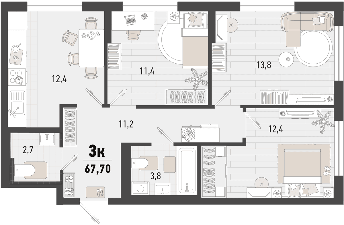 3-к, 67.7 м² · Барса