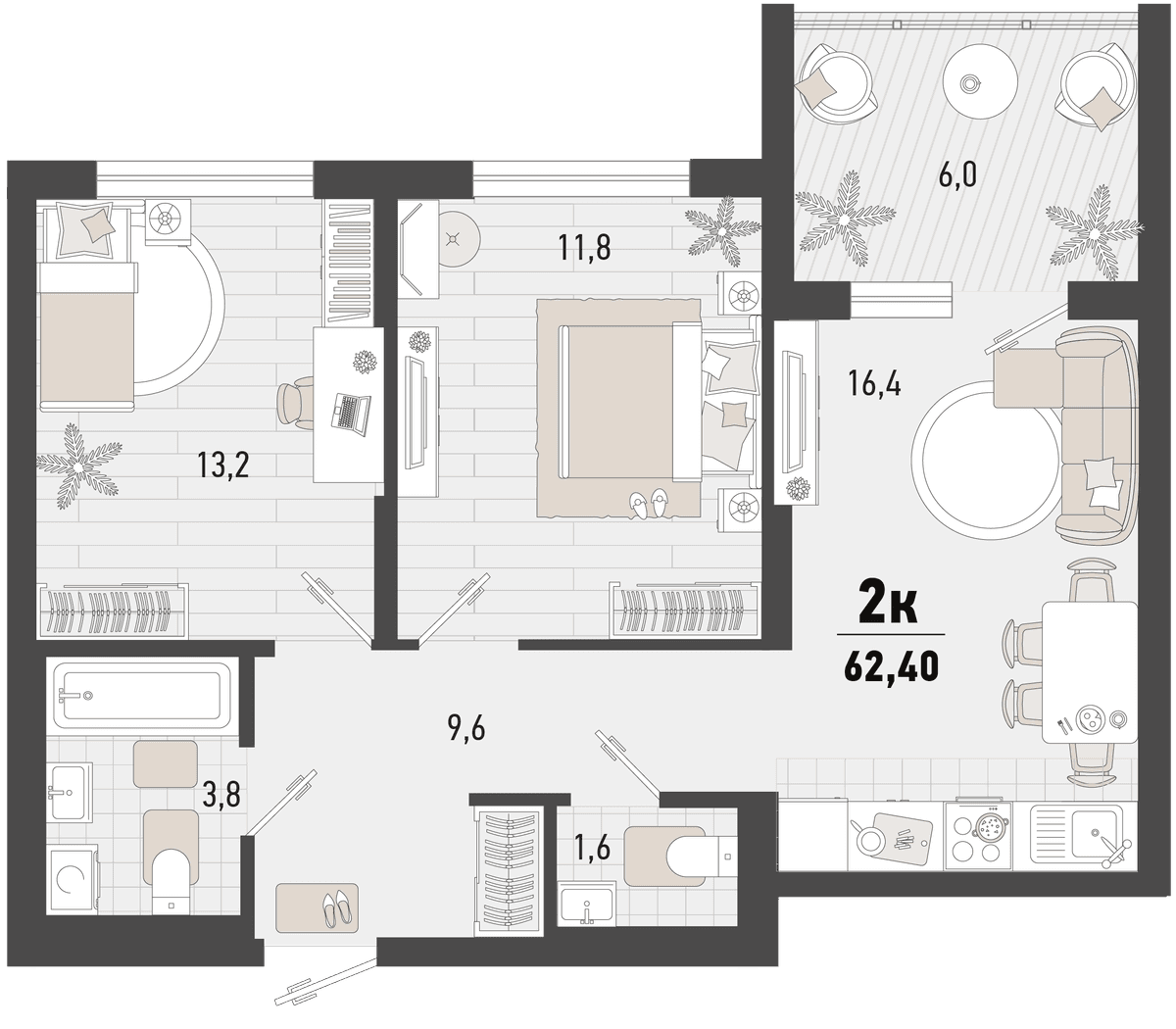 2-к, 62.4 м² · Барса